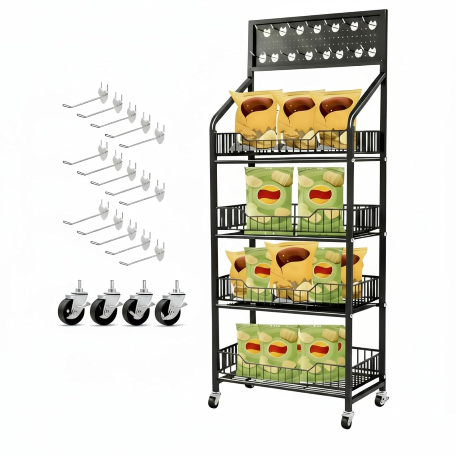 4-Tier Rolling Black Snack Display Rack