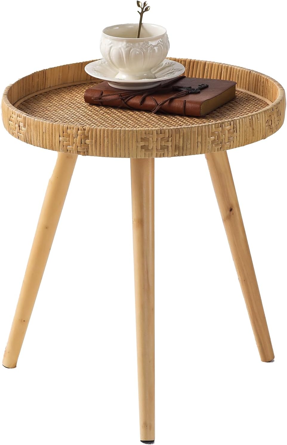 Boho Rattan Round Wood Leg Side Table