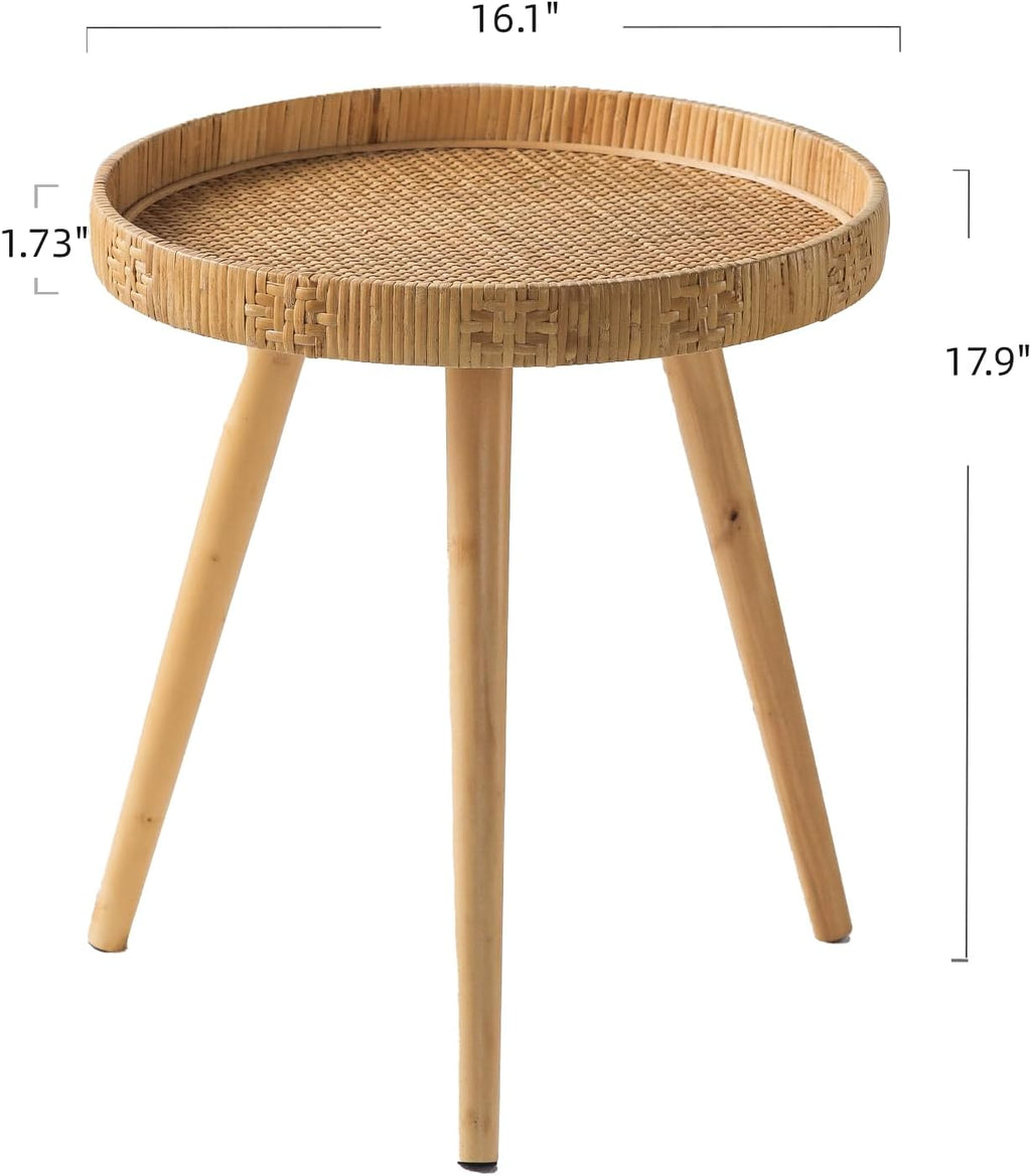 Boho Rattan Round Wood Leg Side Table