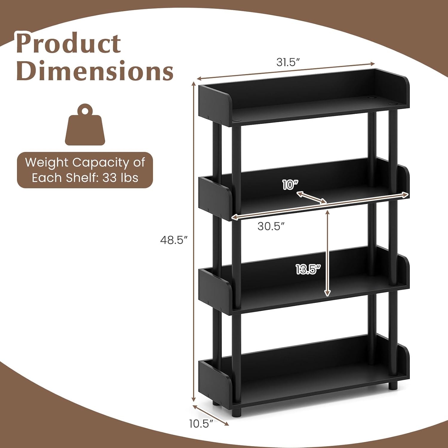 Black 4-Tier Industrial Wood Bookshelf