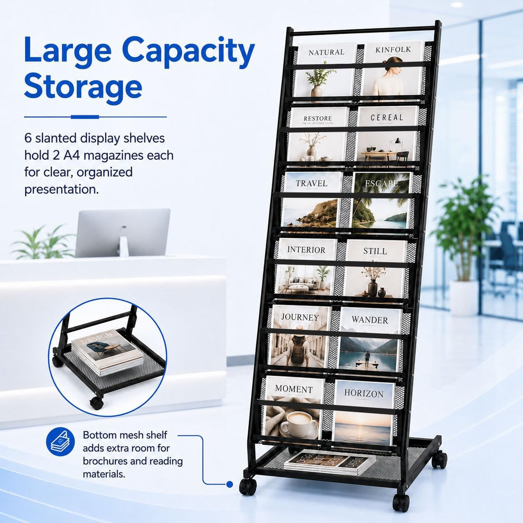 6-Tier Rolling Magazine Display Rack