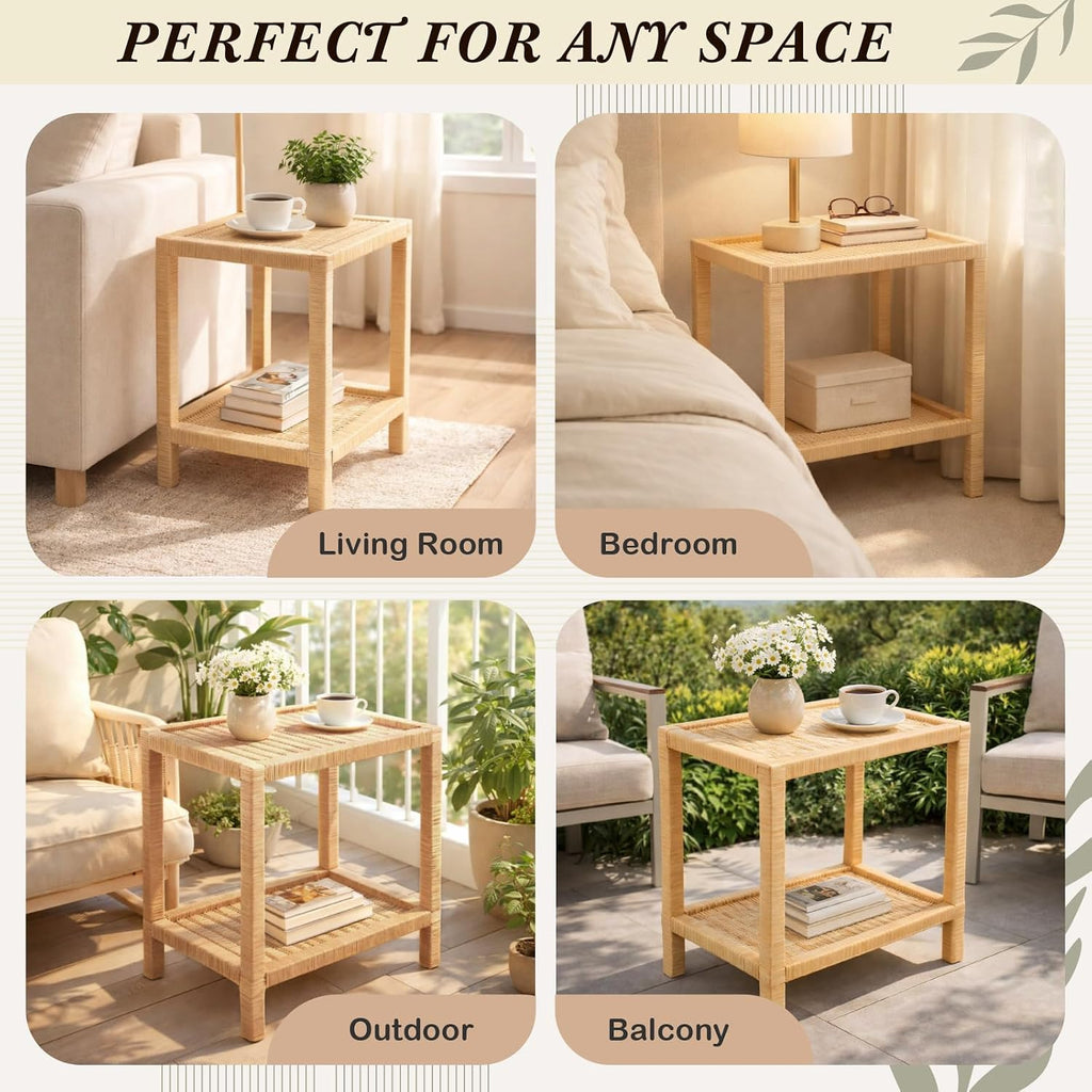 2-Tier Natural Rattan Rectangular Side Table