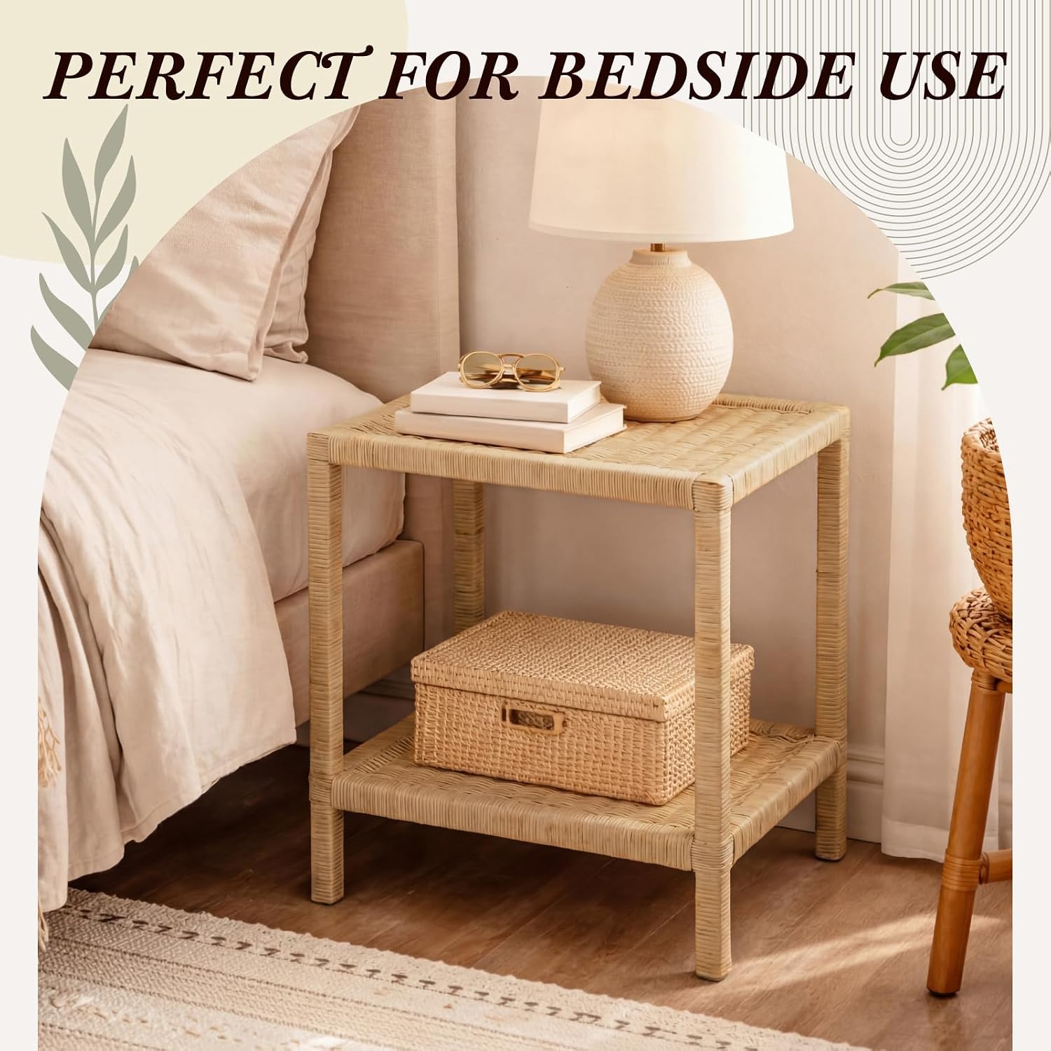 2-Tier Natural Rattan Rectangular Side Table
