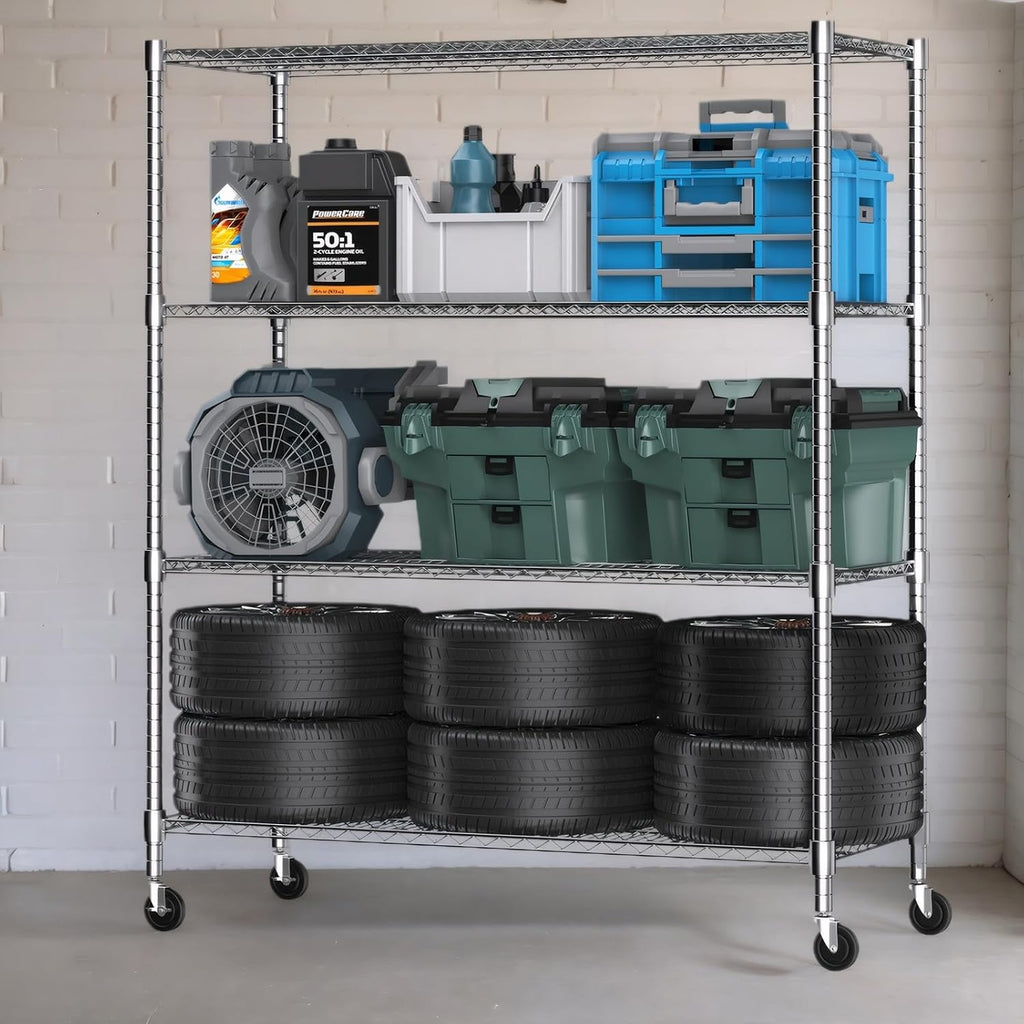 Silver 4-Tier Rolling Wire Storage Shelving