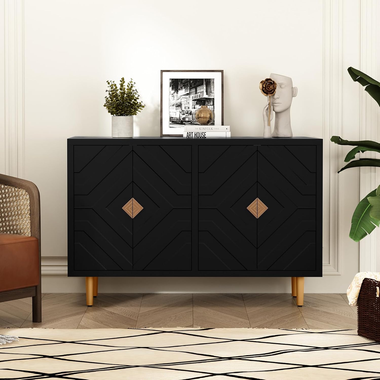 48" Embossed 4-Door Modern Sideboard Credenza