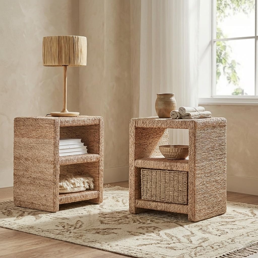 2-Piece Natural Rattan Seagrass Nightstand