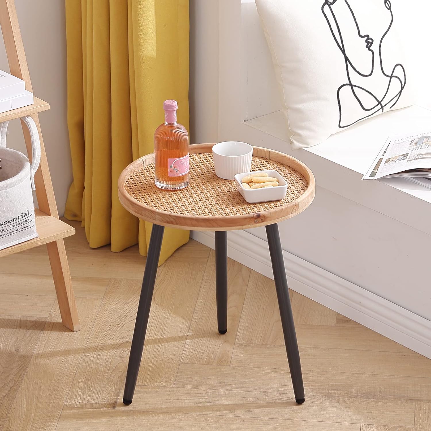 Rattan Round Wooden Tray Side Table