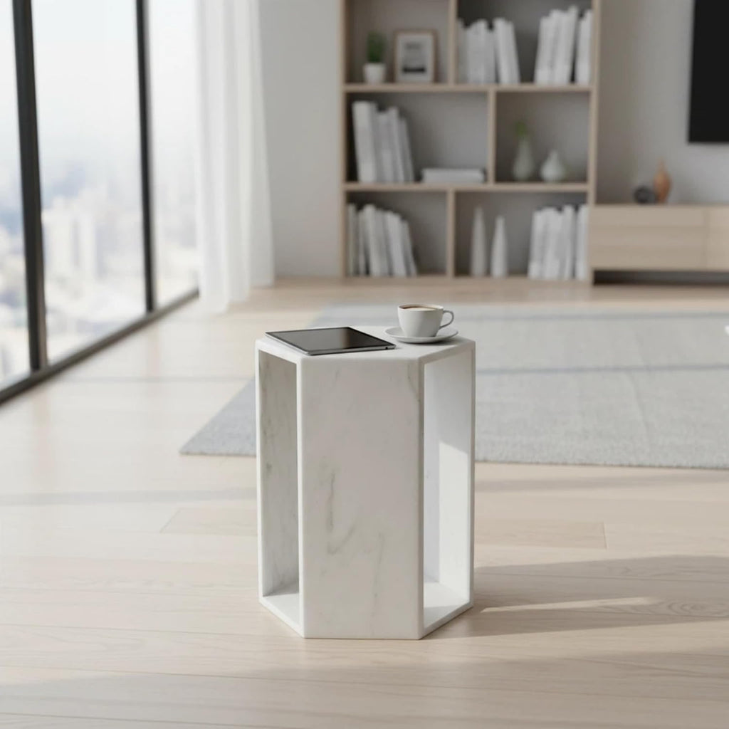 Matte White Marble Hexagon Side Table