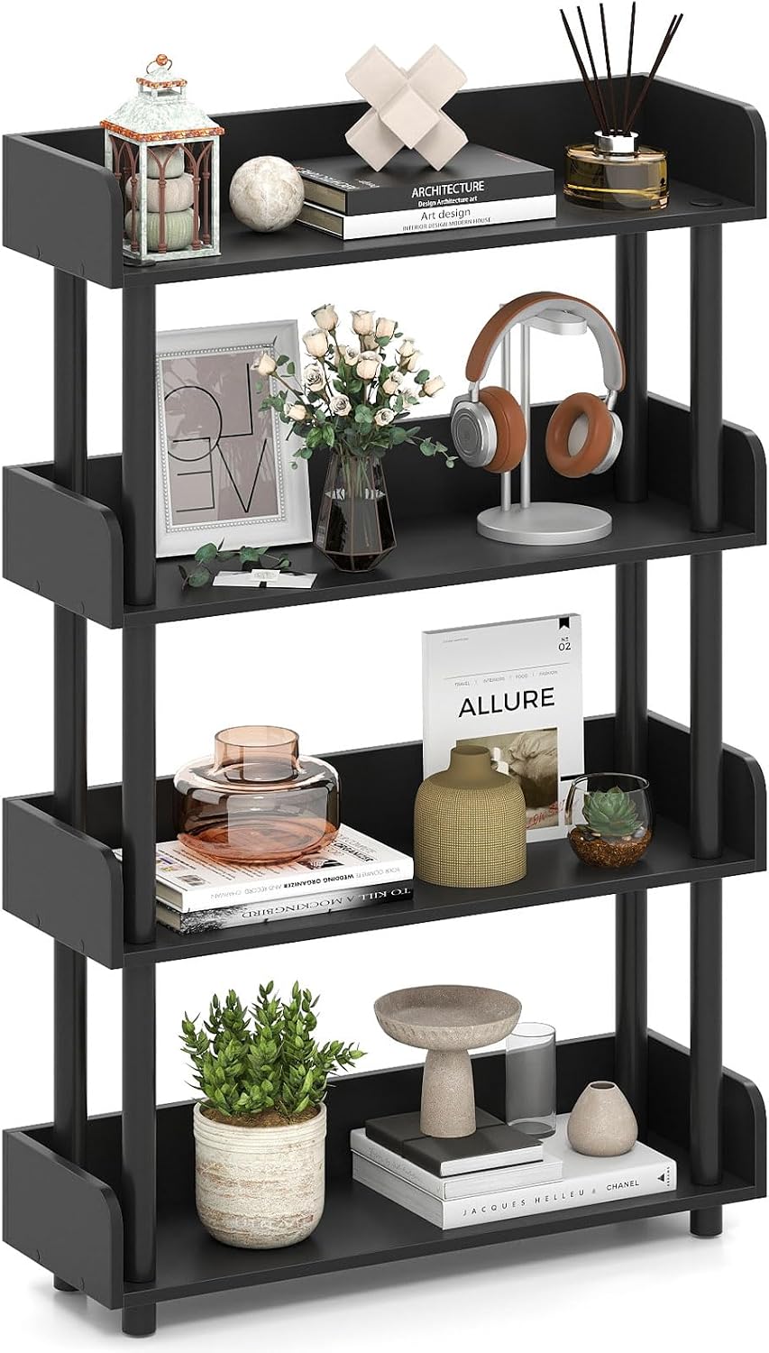 Black 4-Tier Industrial Wood Bookshelf