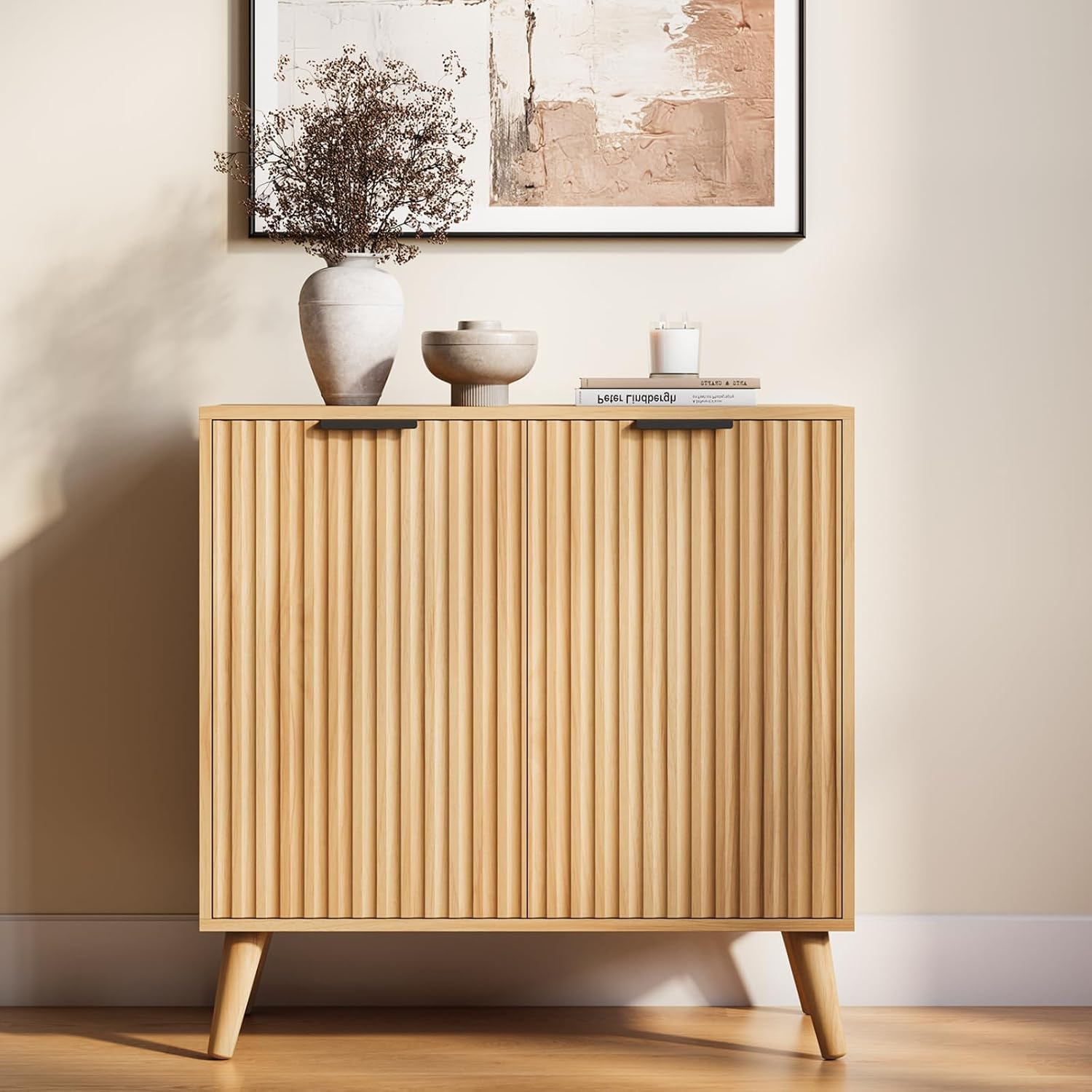 Natural Fluted Wood Sideboard Credenza