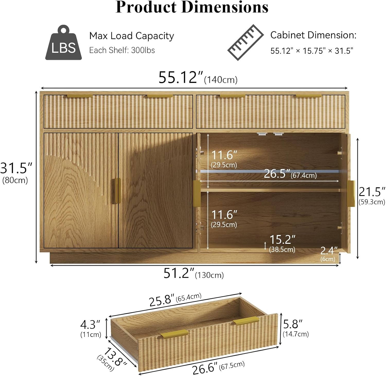 Natural Fluted Sideboard Cabinet