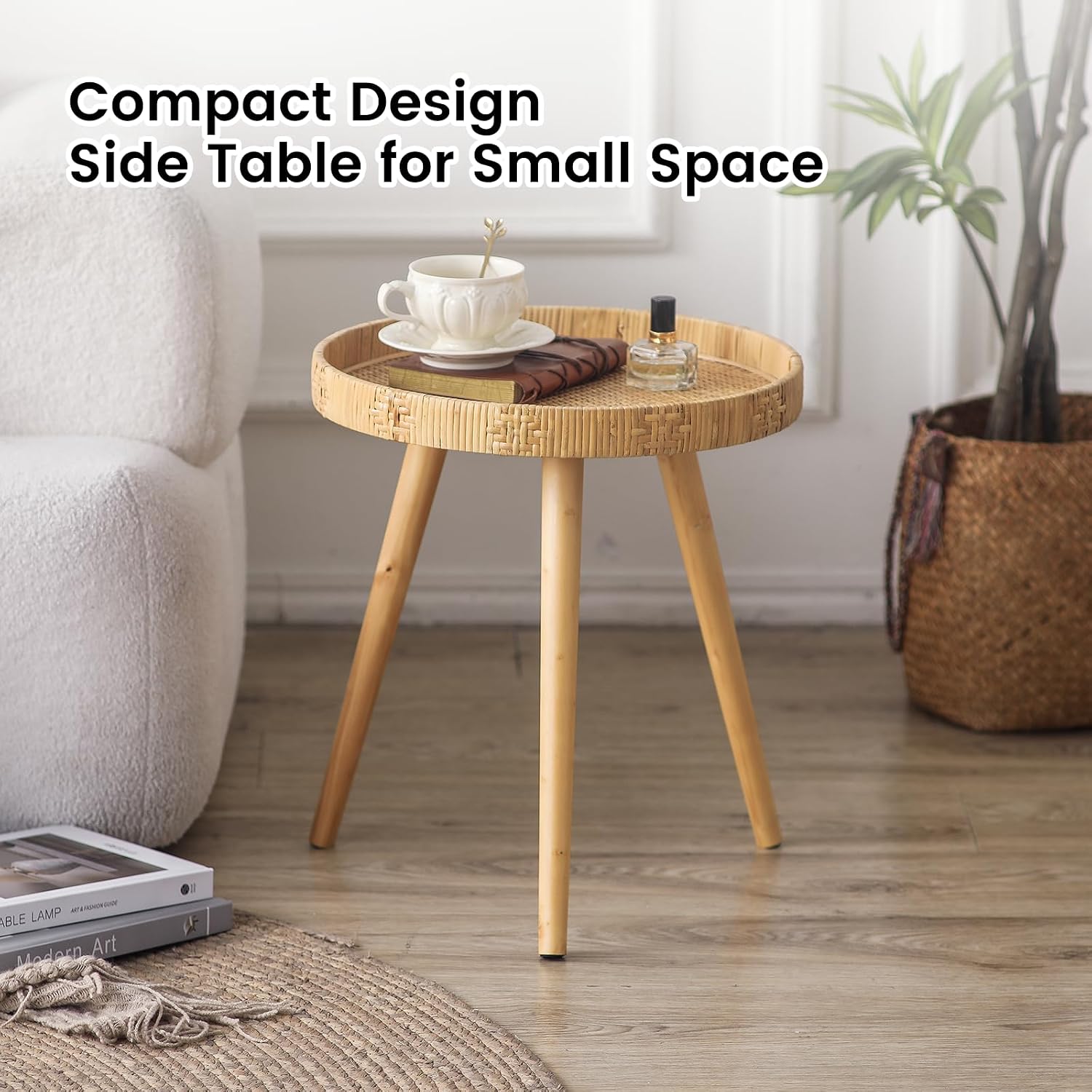 Boho Rattan Round Wood Leg Side Table