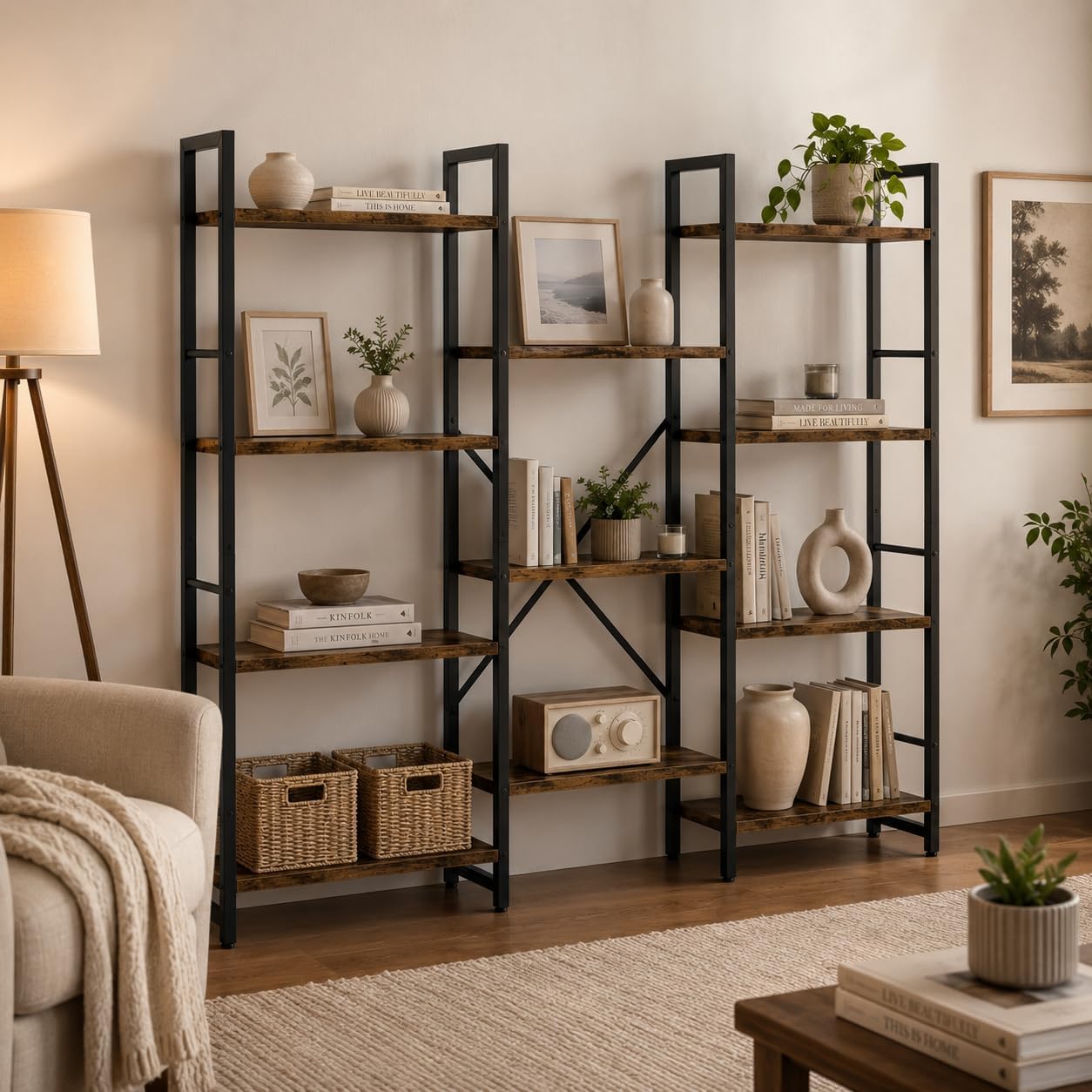 Brown Rustic 4-Tier Etagere Bookshelf