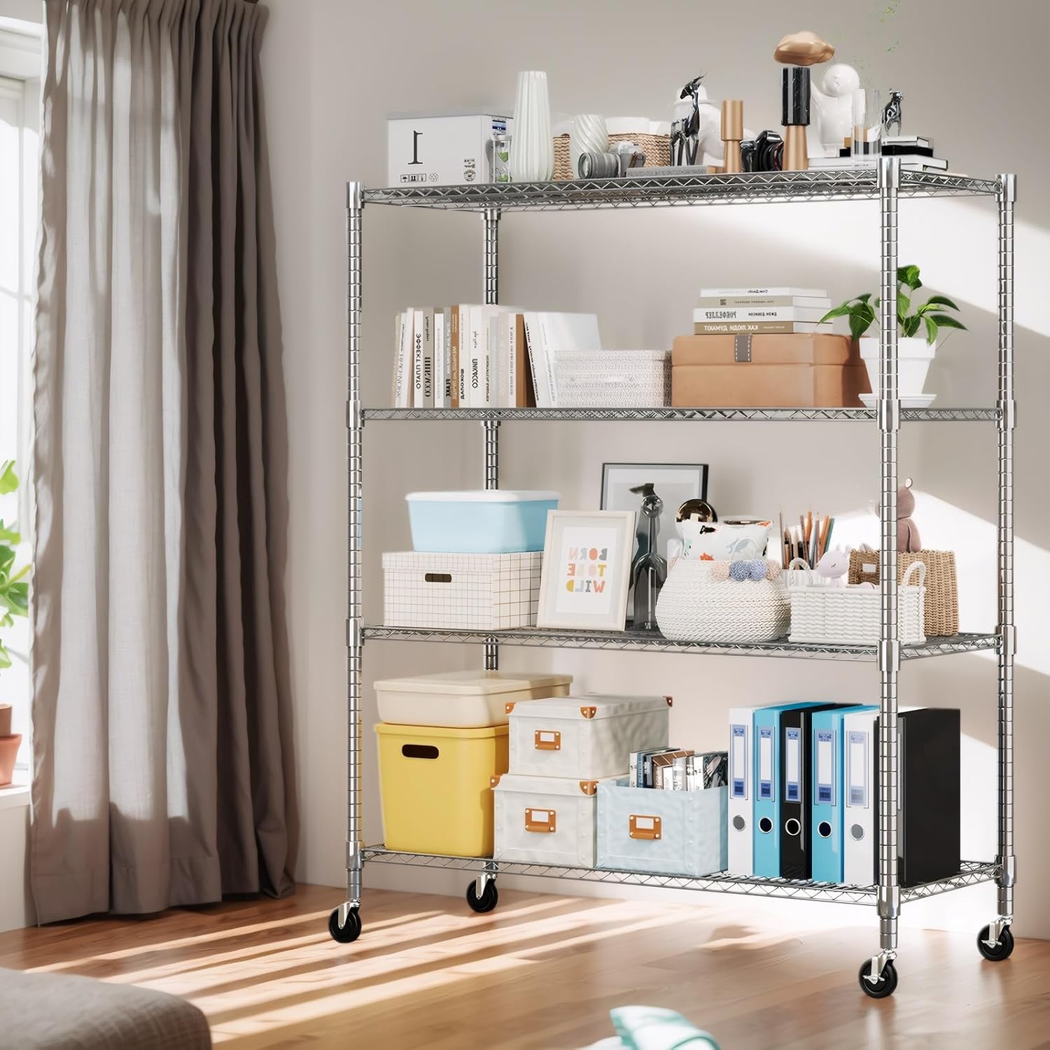 Silver 4-Tier Rolling Wire Storage Shelving