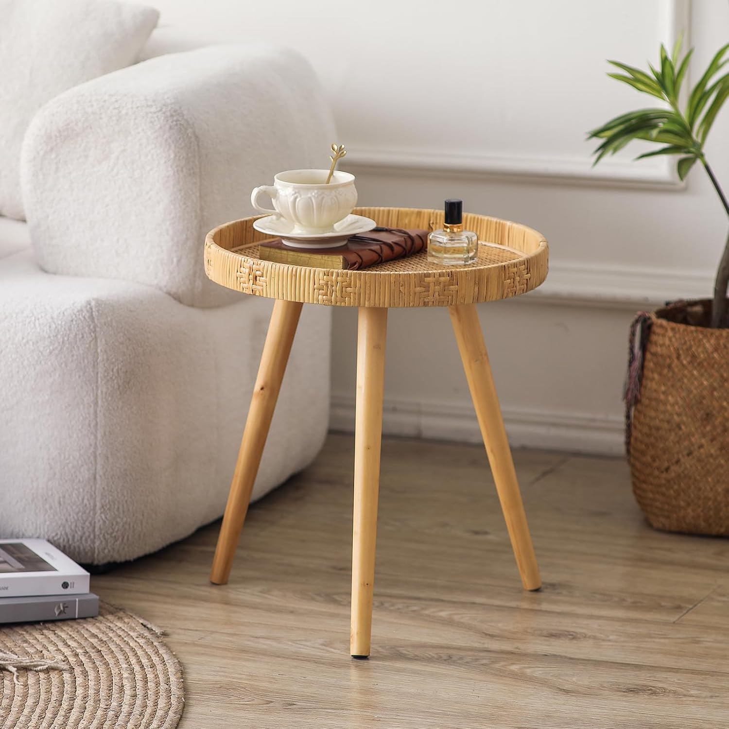 Boho Rattan Round Wood Leg Side Table