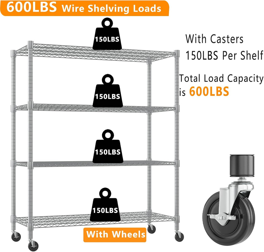 Silver 4-Tier Rolling Wire Storage Shelving