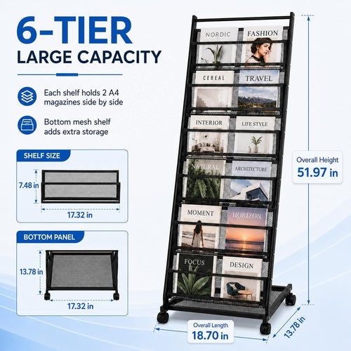 6-Tier Rolling Magazine Display Rack