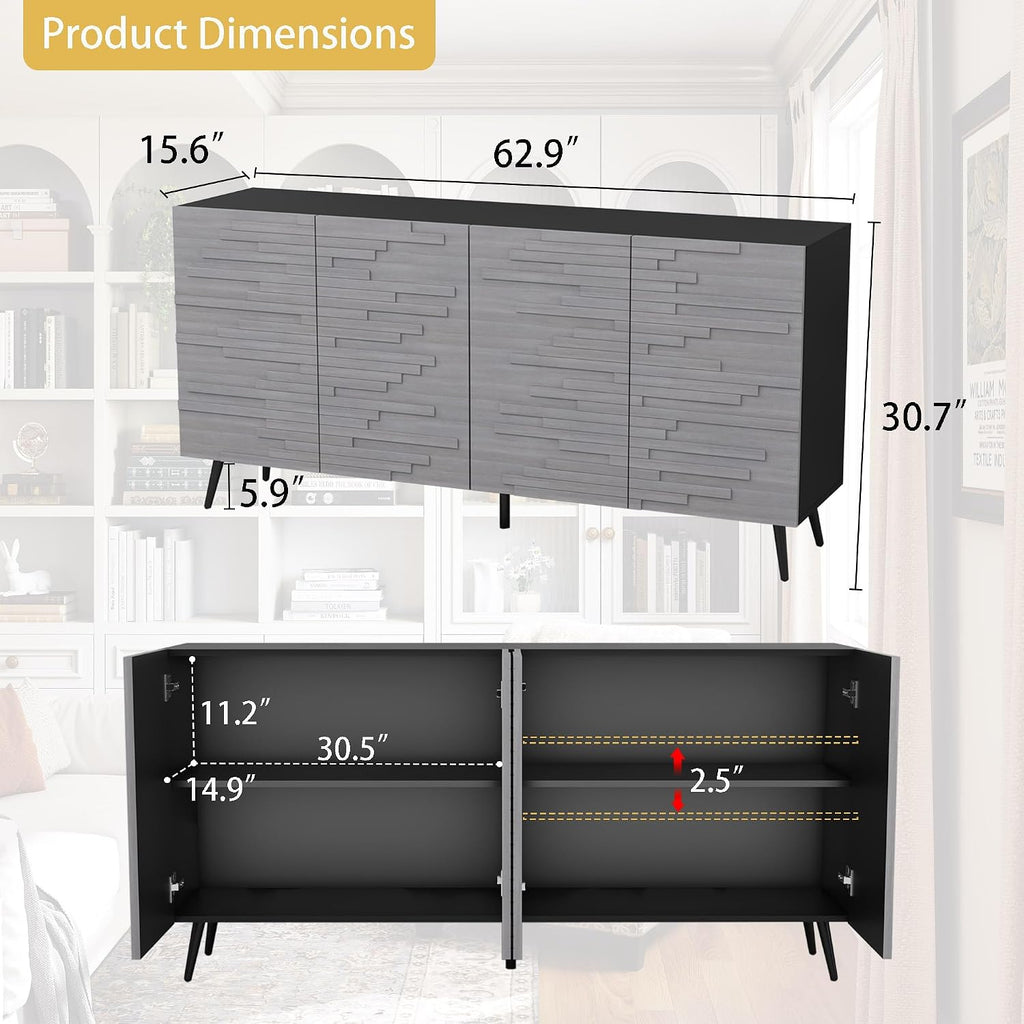 63" Grey Black Fluted Wood Credenza