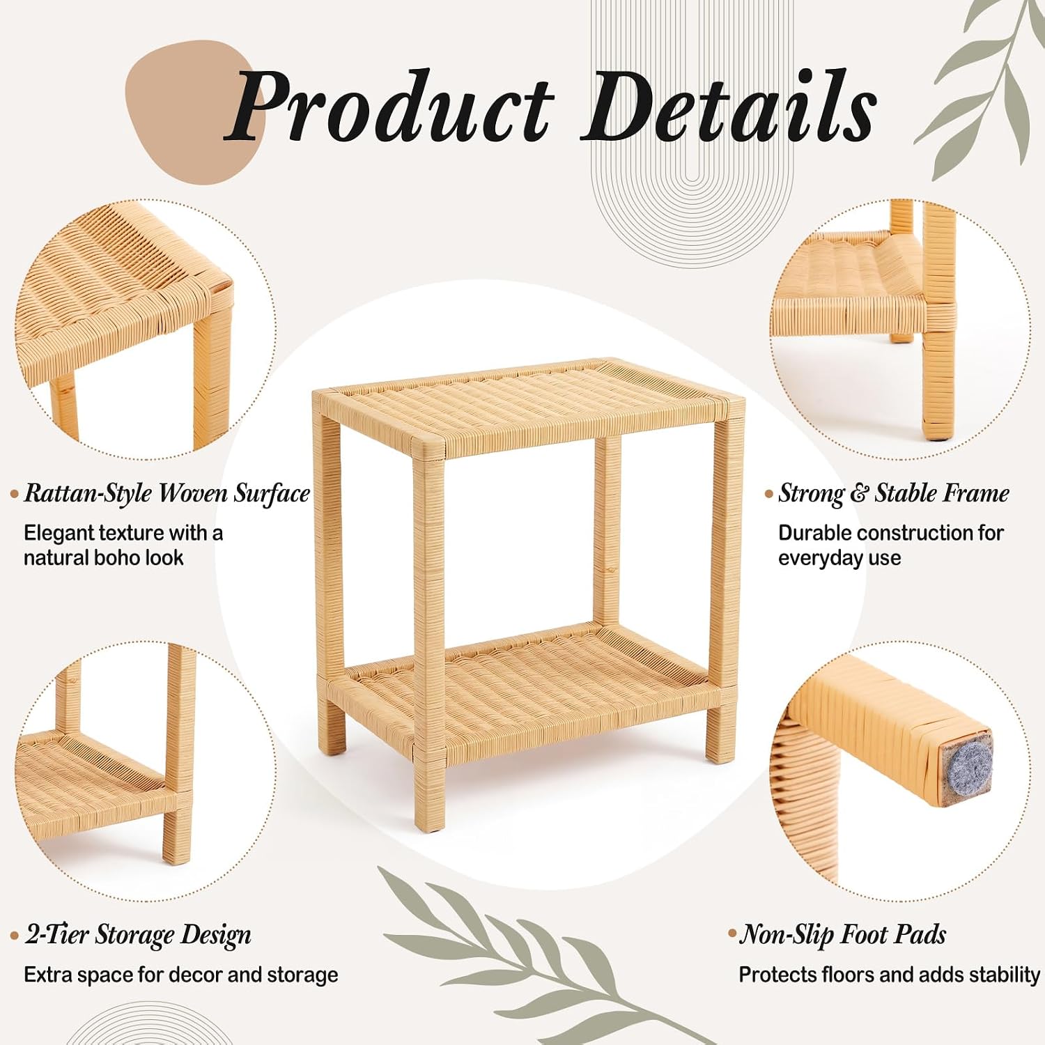 2-Tier Natural Rattan Rectangular Side Table