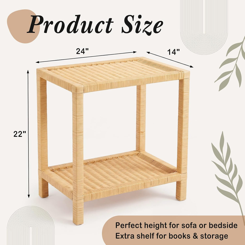 2-Tier Natural Rattan Rectangular Side Table