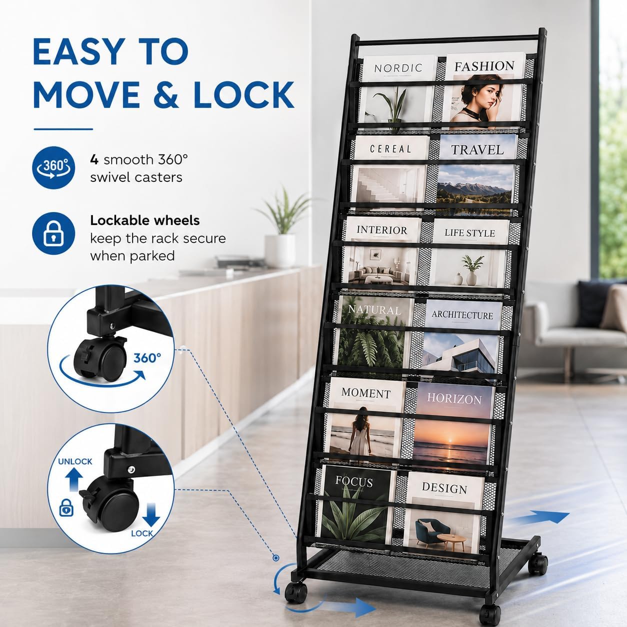 6-Tier Rolling Magazine Display Rack
