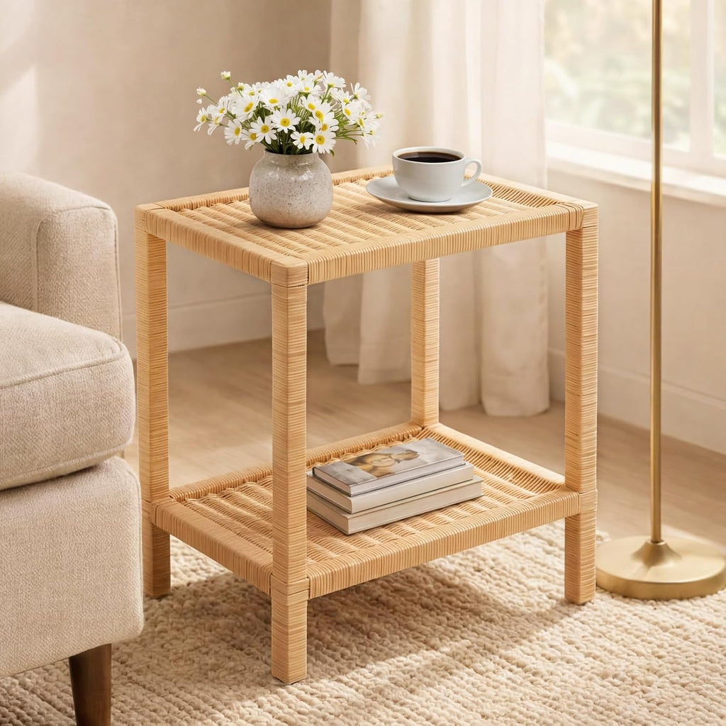 2-Tier Natural Rattan Rectangular Side Table