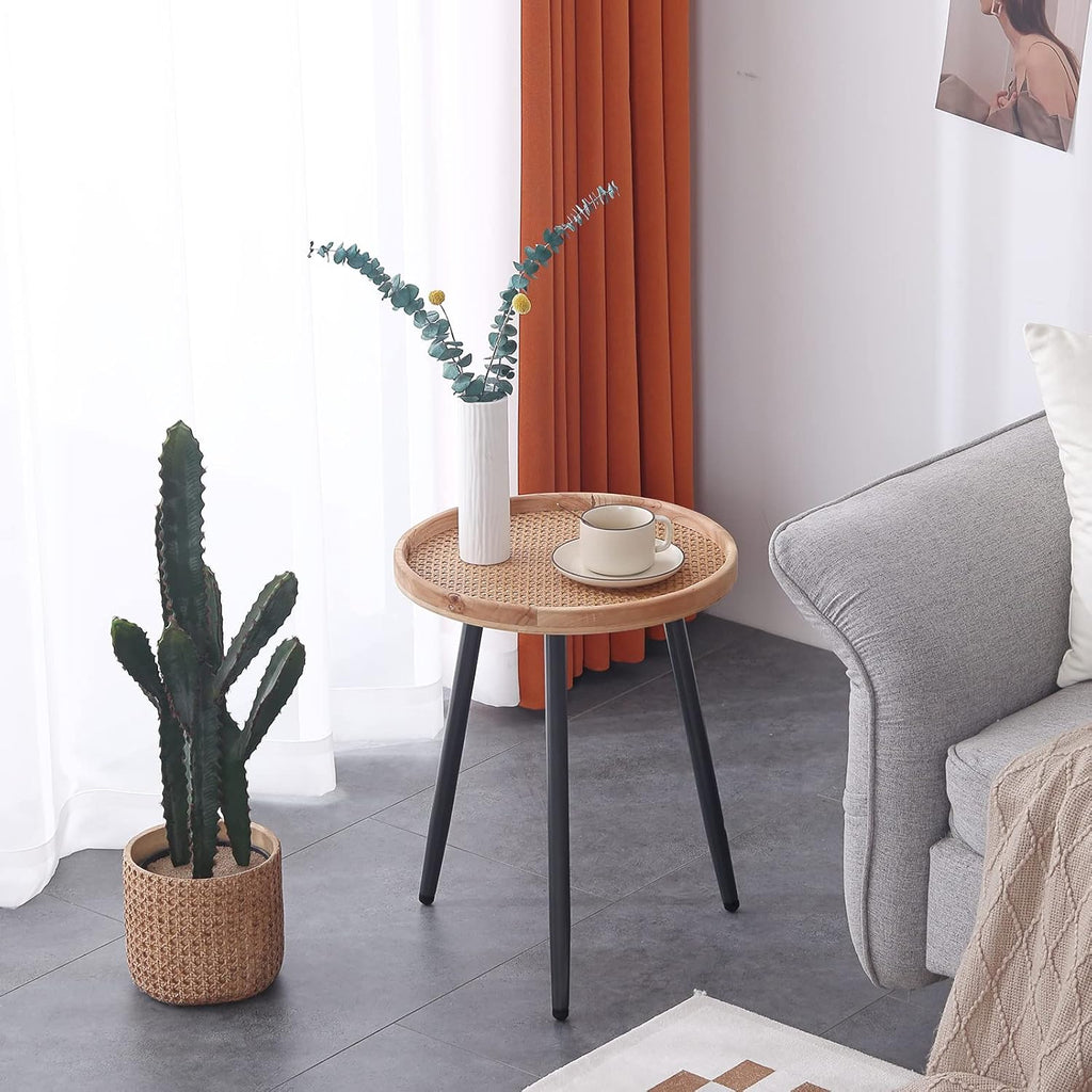 Rattan Round Wooden Tray Side Table