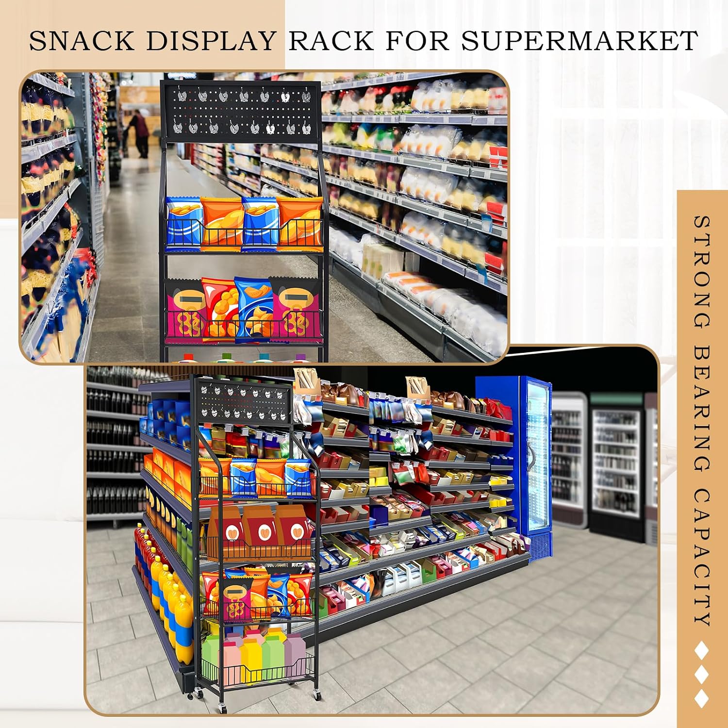 4-Tier Rolling Black Snack Display Rack
