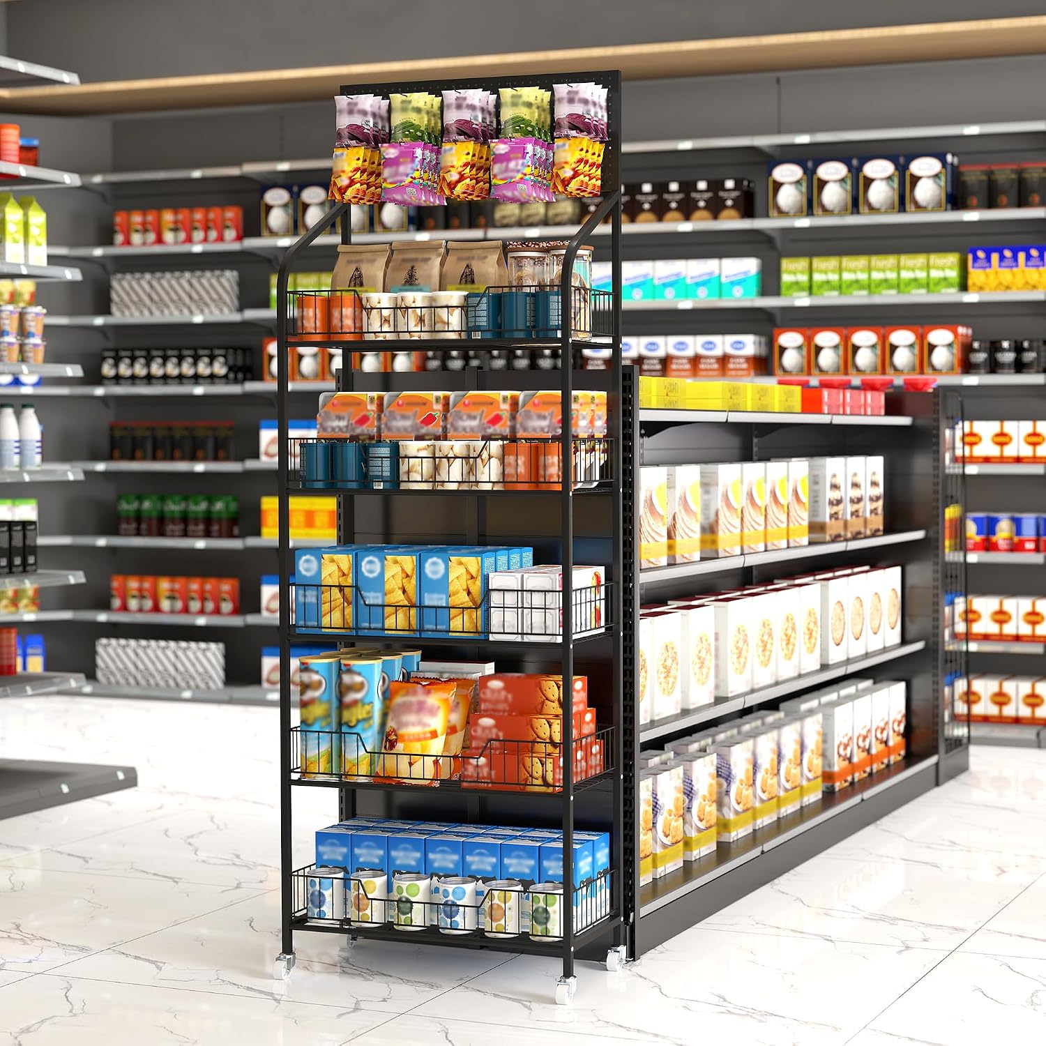 Black Metal Rolling Snack Display Stand