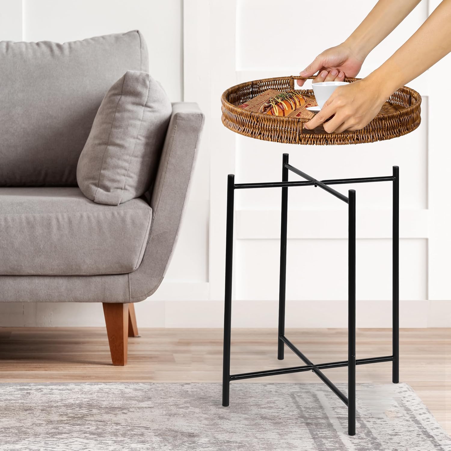 Rattan Round Tray Side Table Indoor Outdoor