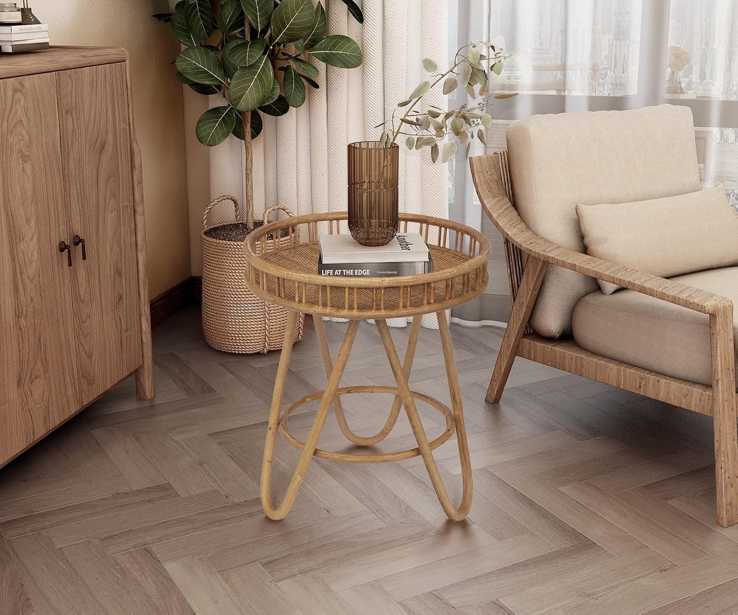 Round Rattan Tray Top Boho Side Table