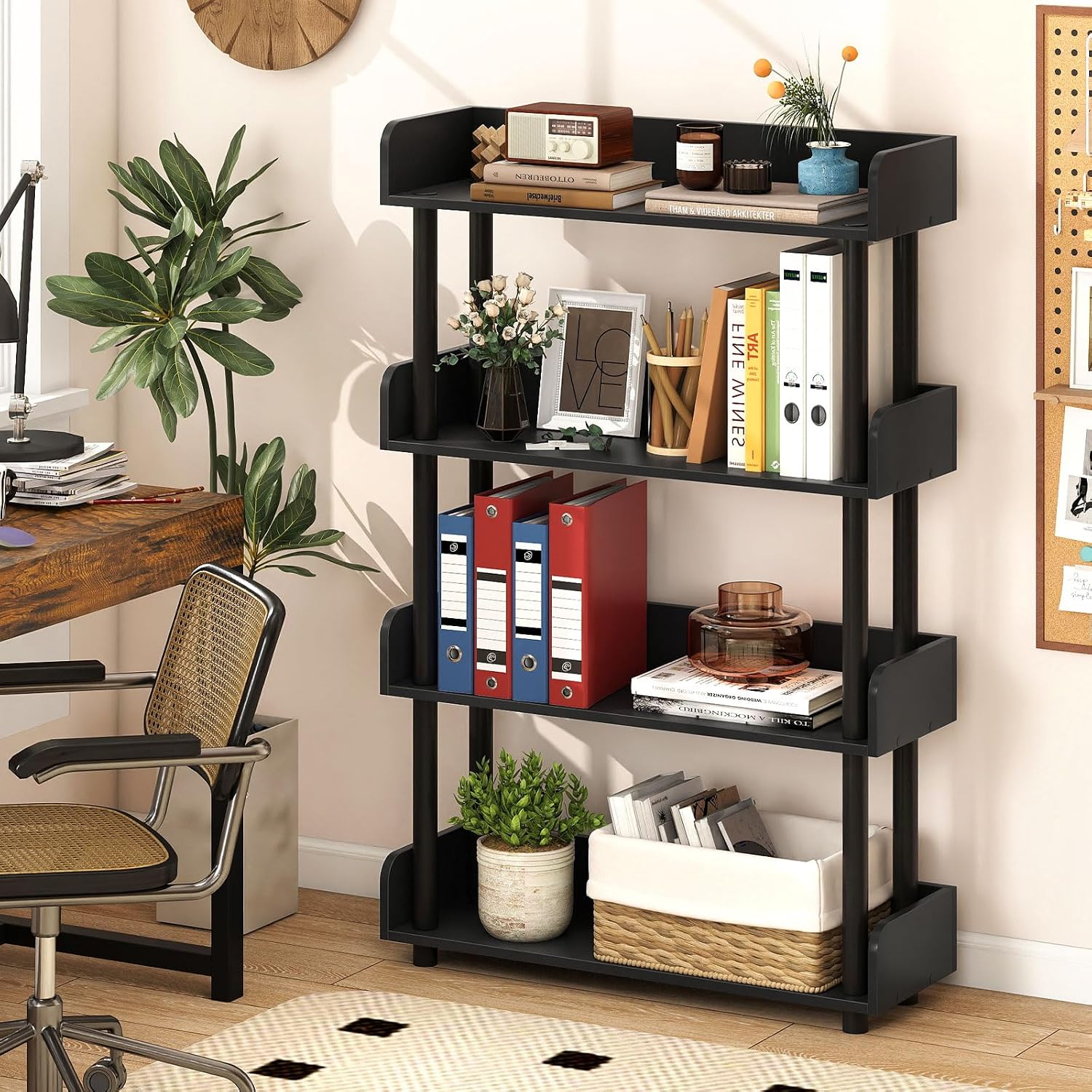 Black 4-Tier Industrial Wood Bookshelf
