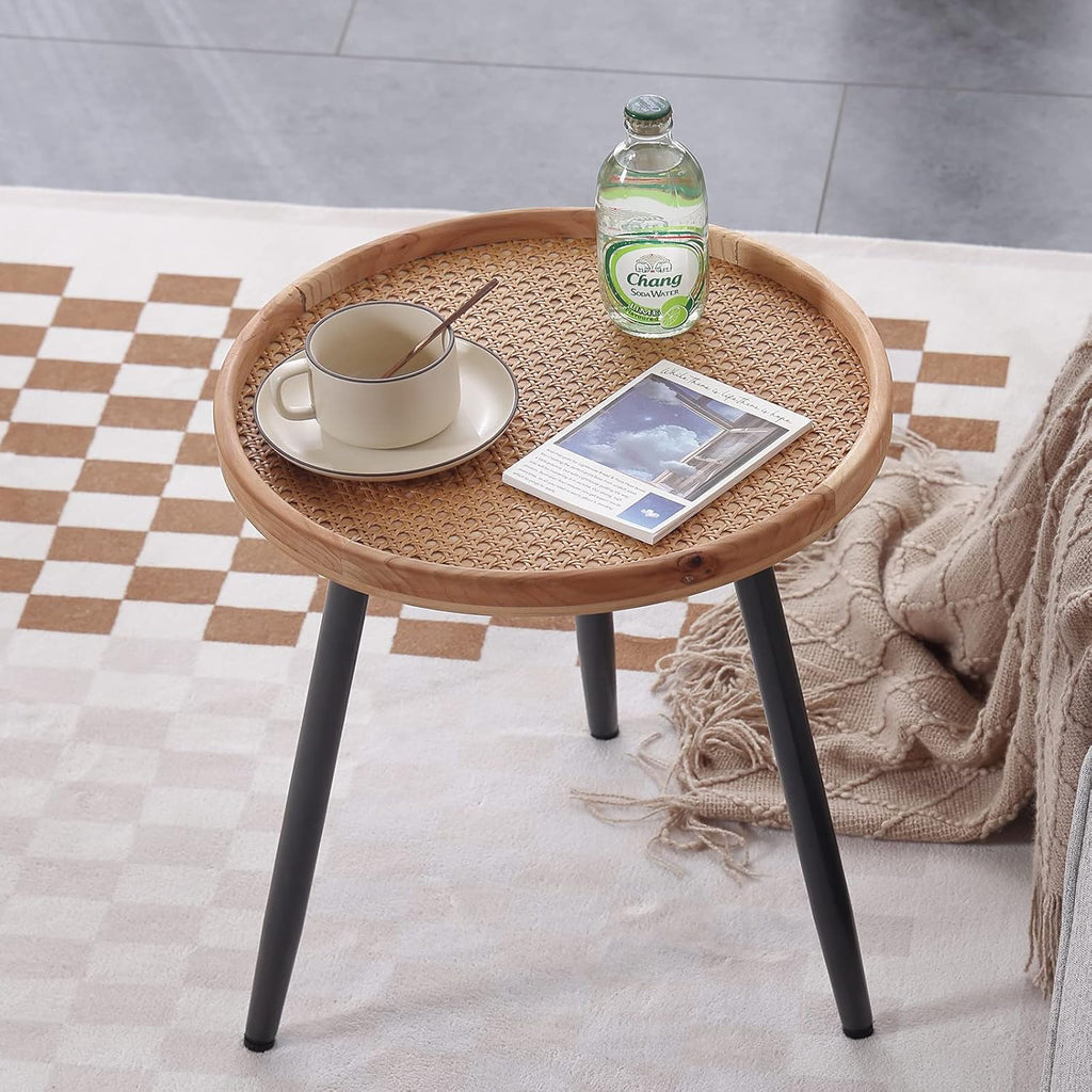 Rattan Round Wooden Tray Side Table