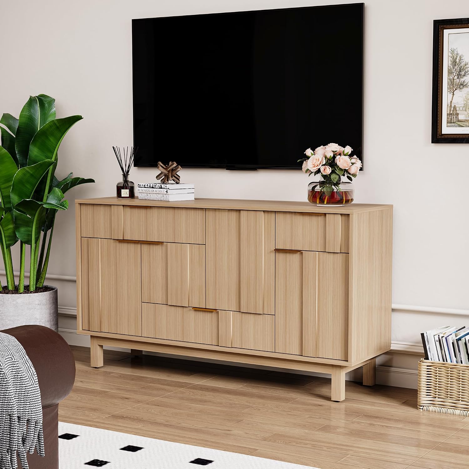 Natural Geometric Door Wood Sideboard Credenza