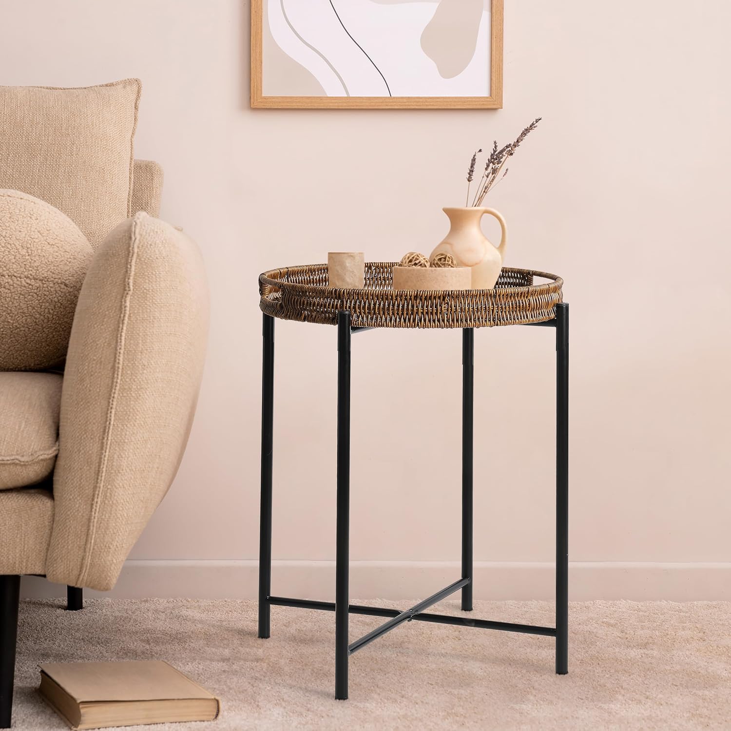 Rattan Round Tray Side Table Indoor Outdoor