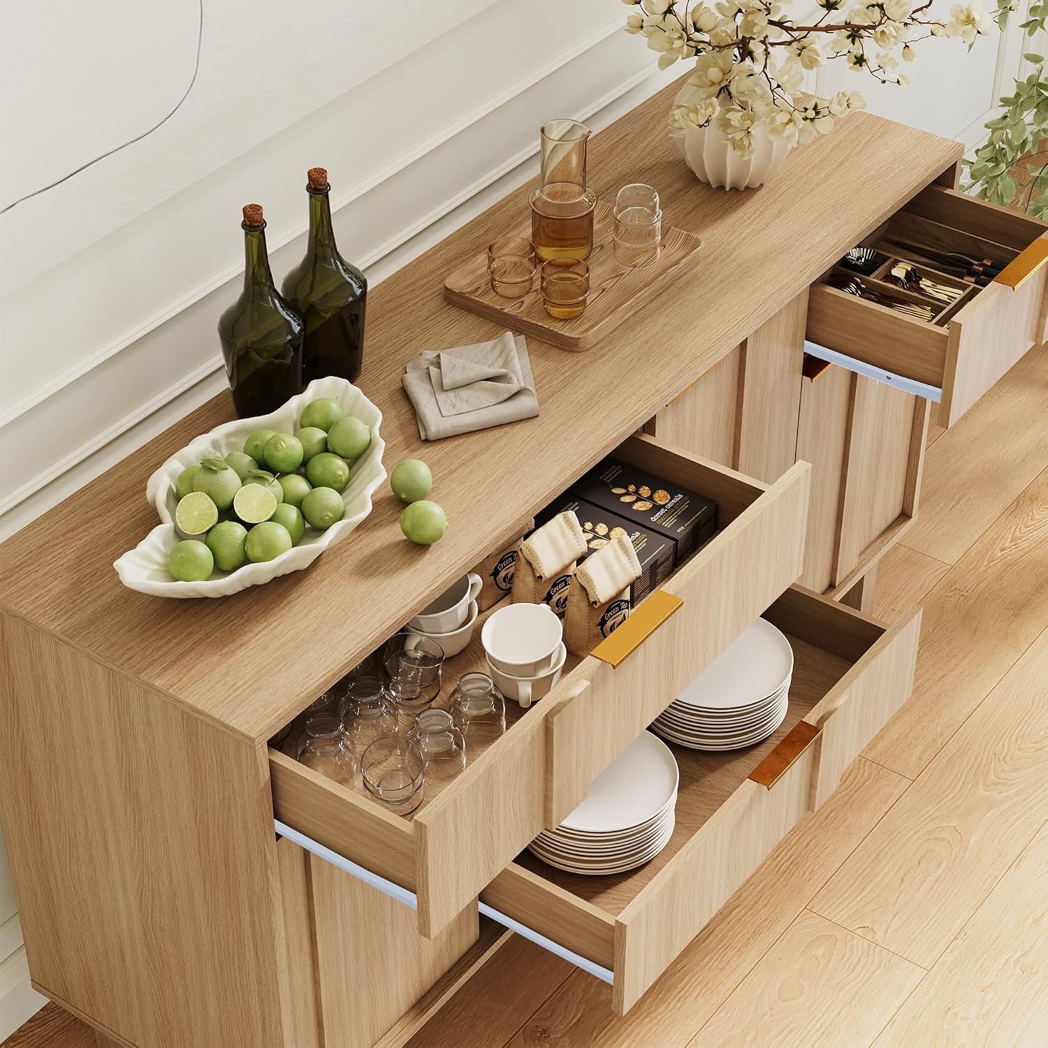 Natural Geometric Door Wood Sideboard Credenza