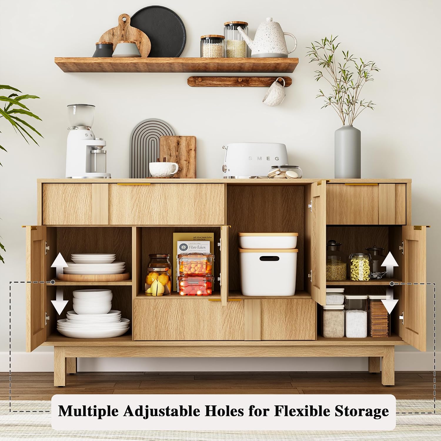 Natural Geometric Door Wood Sideboard Credenza