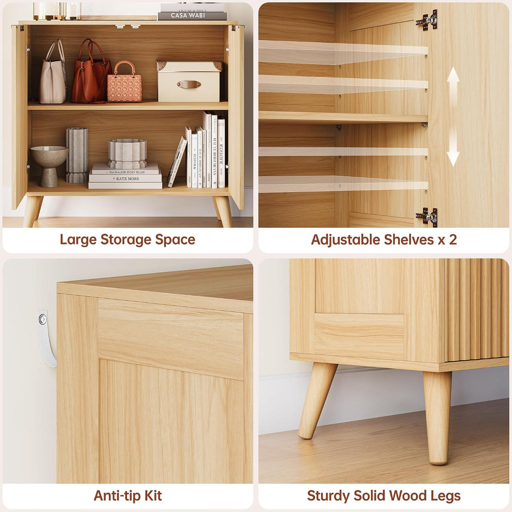 Natural Fluted Wood Sideboard Credenza