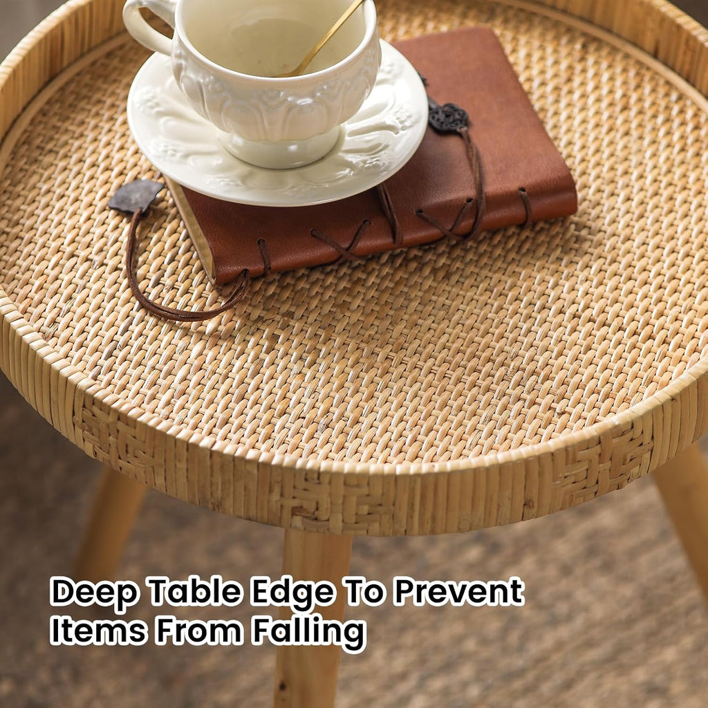 Boho Rattan Round Wood Leg Side Table