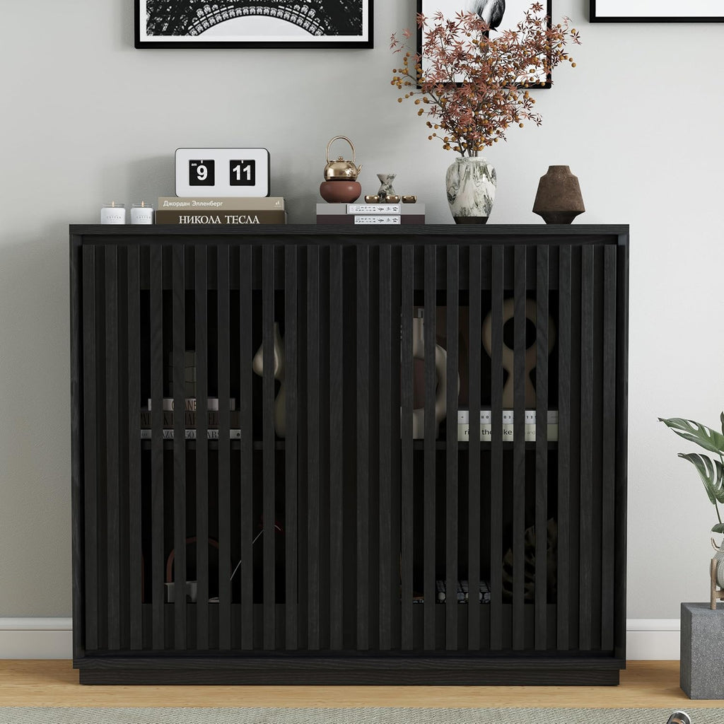 Black Slatted Slim Wood Sideboard Credenza