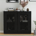 Black Slatted Slim Wood Sideboard Credenza