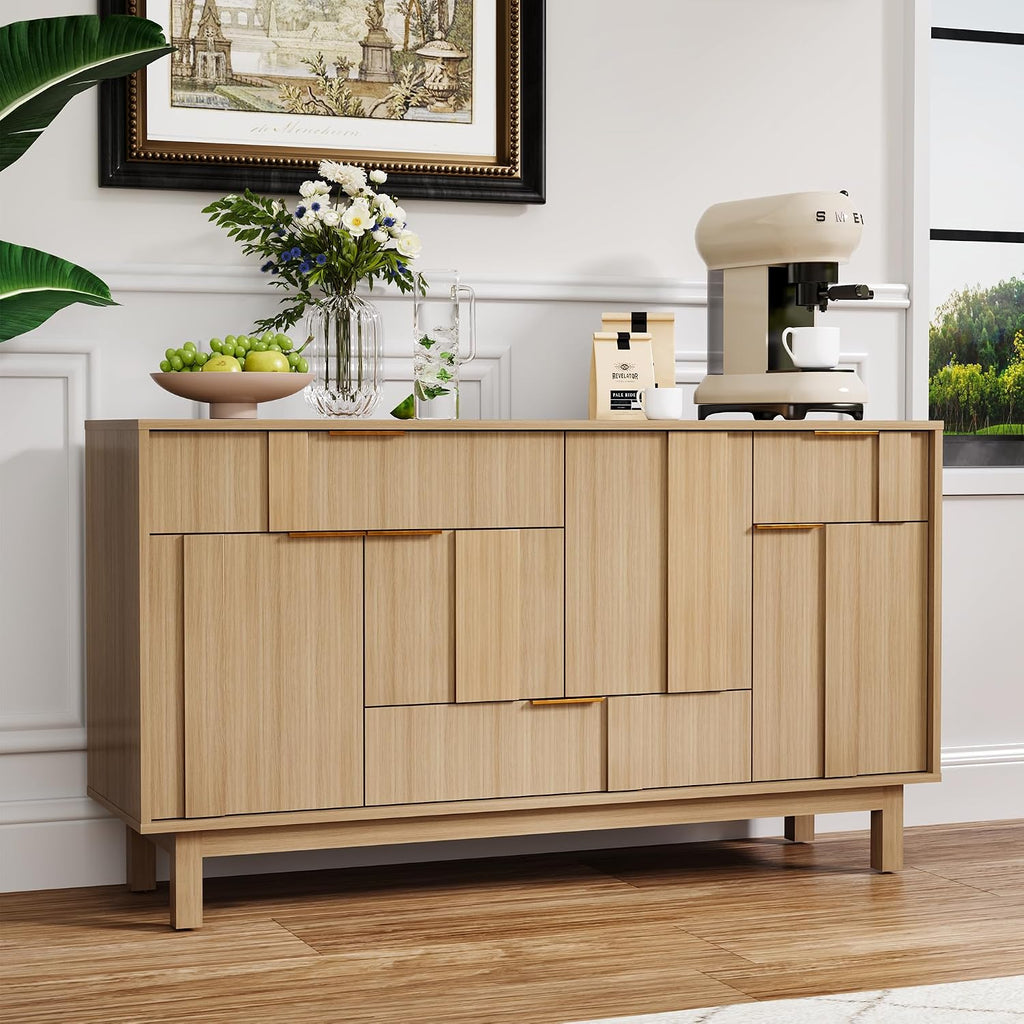 Natural Geometric Door Wood Sideboard Credenza