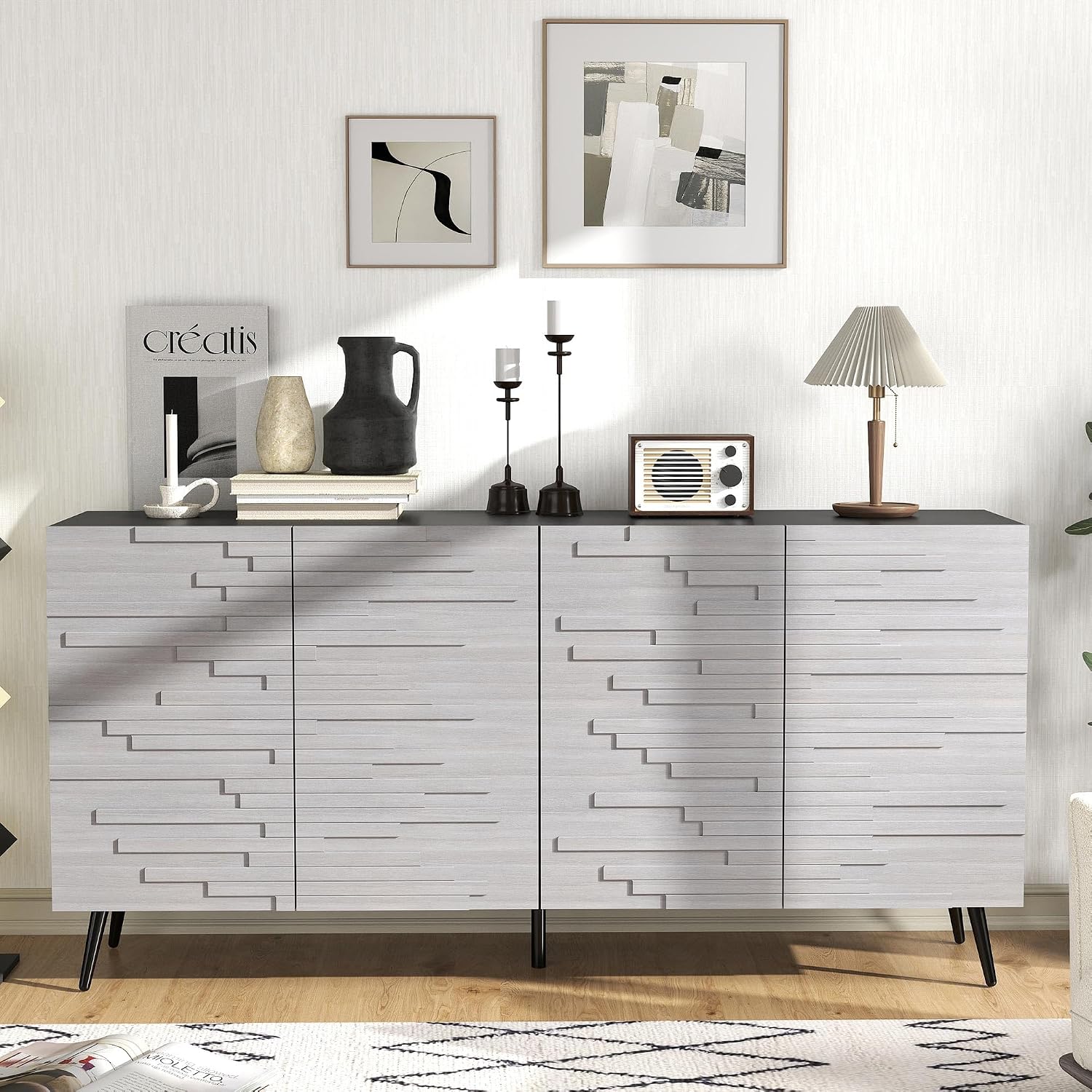 63" Grey Black Fluted Wood Credenza