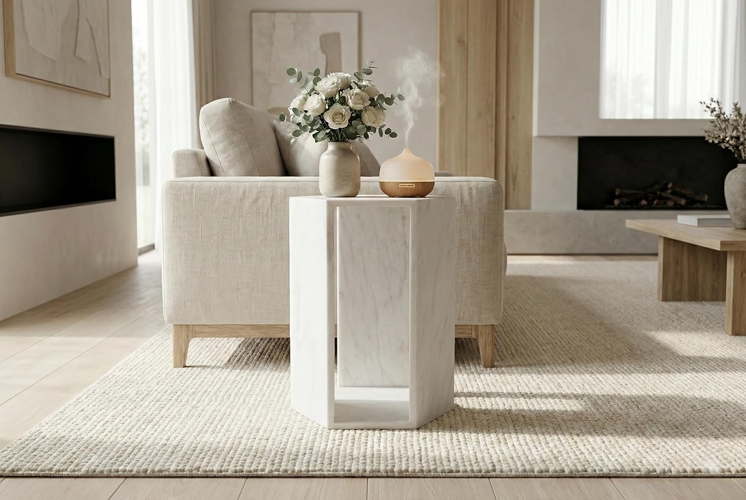 Matte White Marble Hexagon Side Table