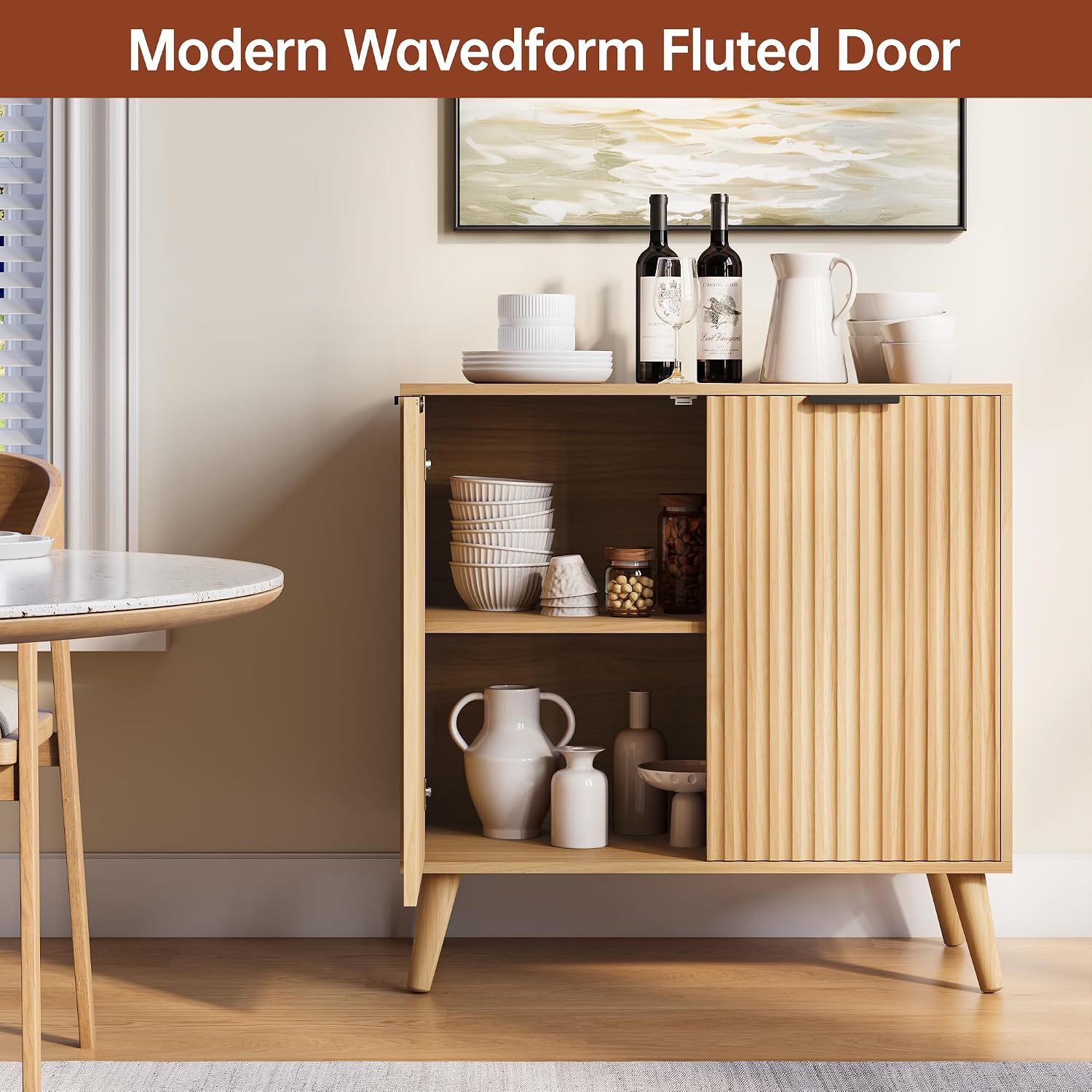 Natural Fluted Wood Sideboard Credenza