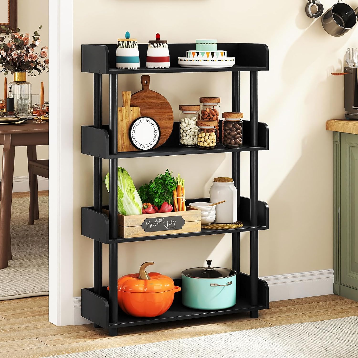 Black 4-Tier Industrial Wood Bookshelf