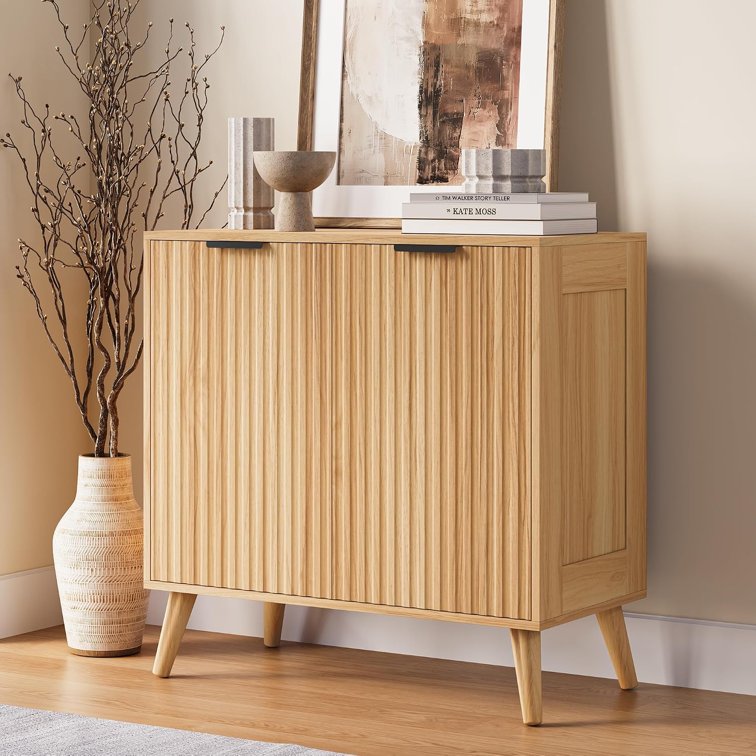 Natural Fluted Wood Sideboard Credenza