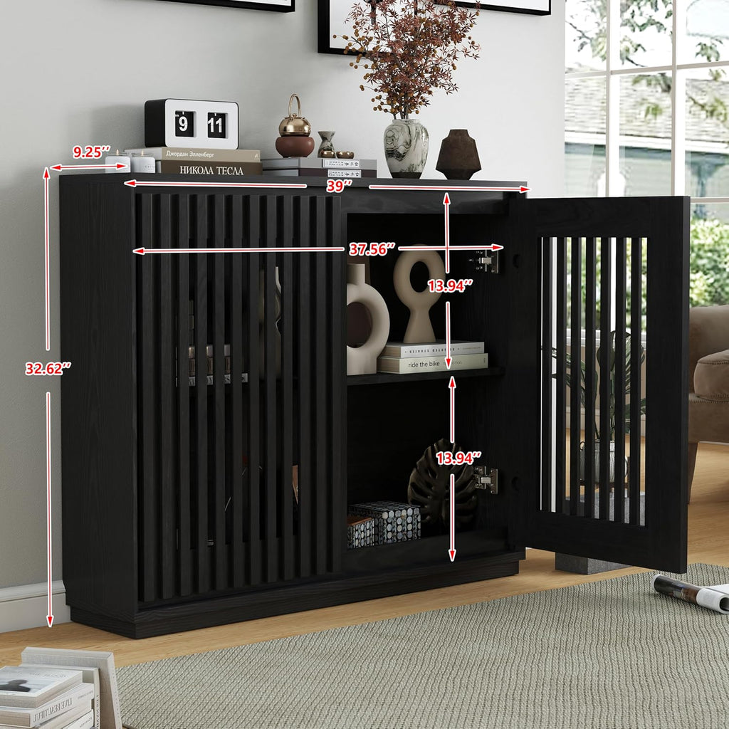 Black Slatted Slim Wood Sideboard Credenza