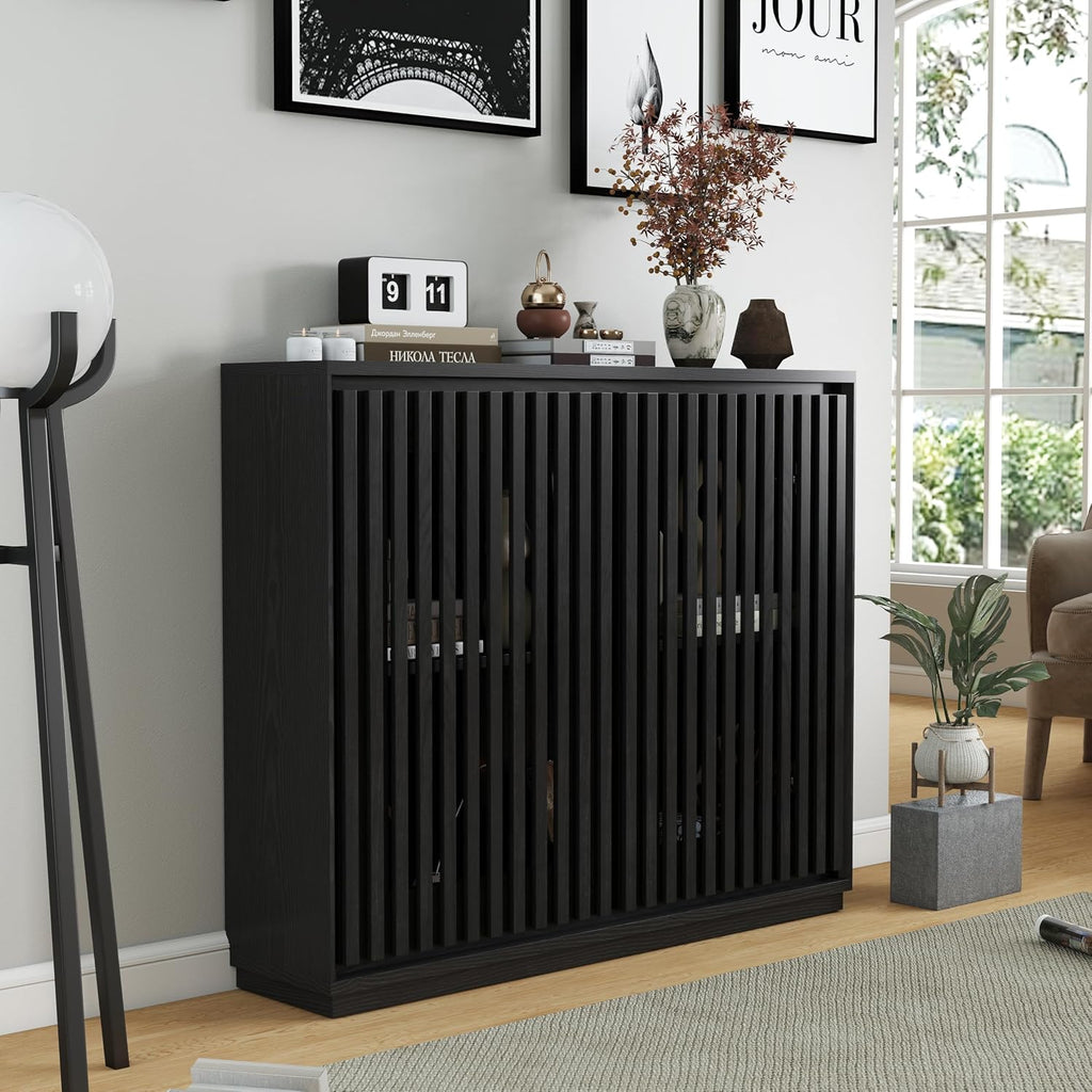 Black Slatted Slim Wood Sideboard Credenza