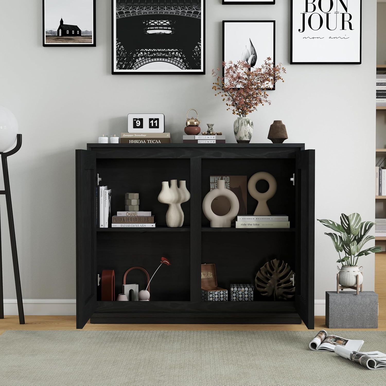 Black Slatted Slim Wood Sideboard Credenza